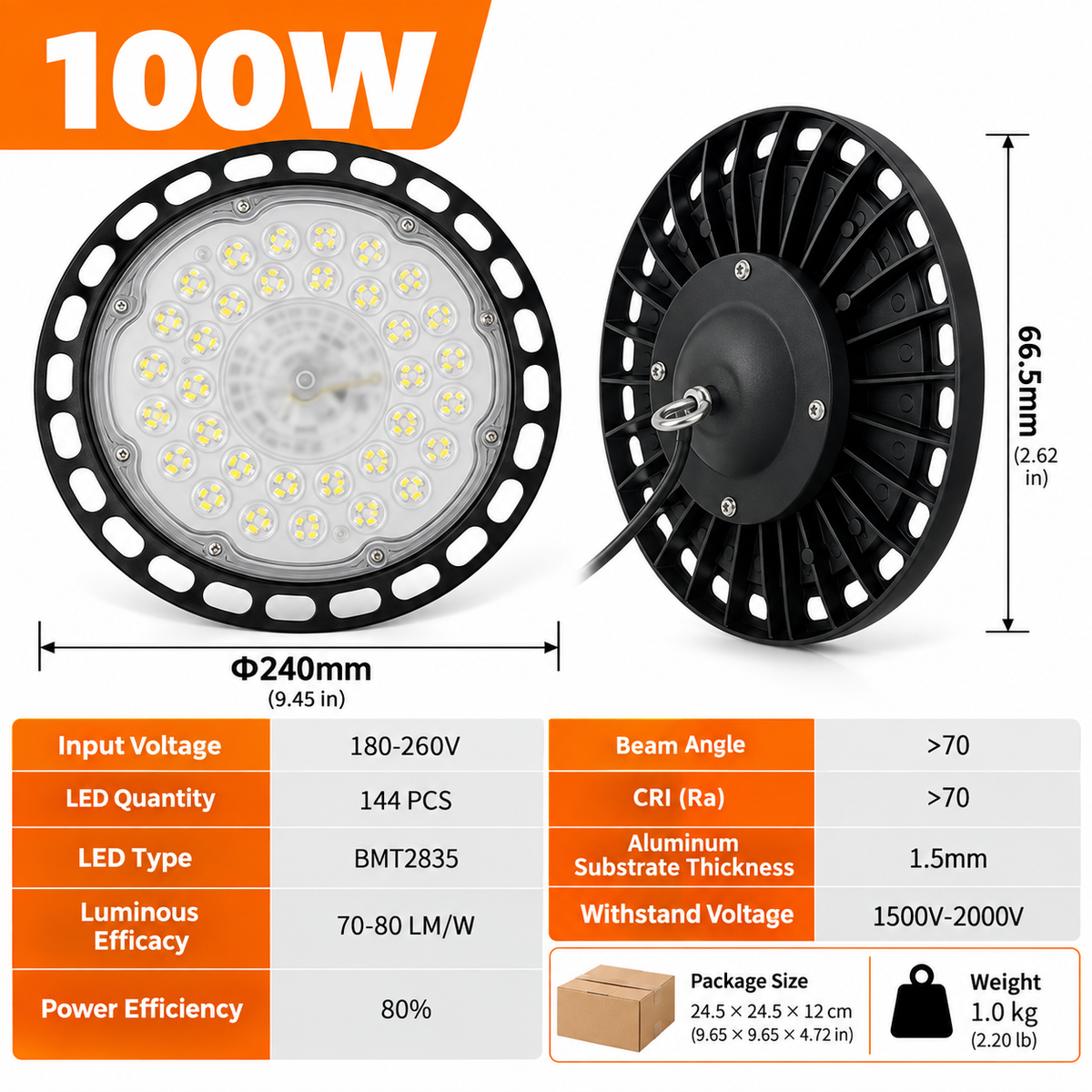 UFO LED High Bay Light 100W - Waterproof Industrial Warehouse Workshop Lighting with 50cm Hanging Chain, High Transparency Lamp Shade and Die-Cast Aluminium Housing