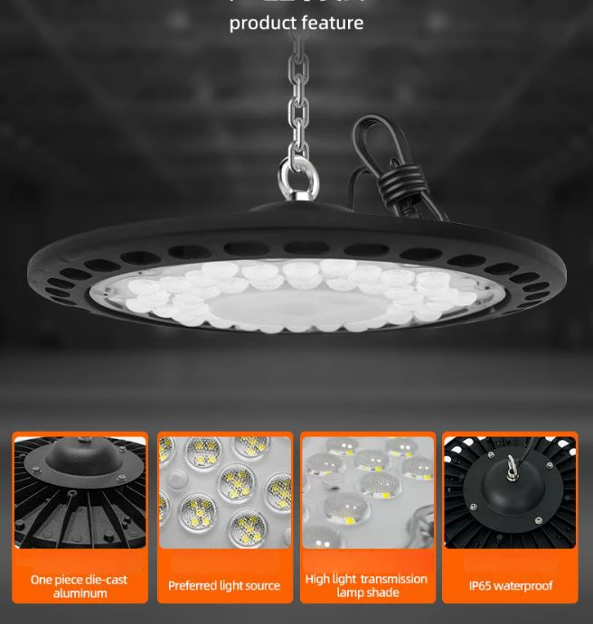 UFO LED High Bay Light 100W - Waterproof Industrial Warehouse Workshop Lighting with 50cm Hanging Chain, High Transparency Lamp Shade and Die-Cast Aluminium Housing