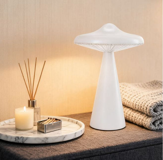 White Retro Mushroom Touch Control Table Lamp - TypeC Rechargeable UFO Style LED Bedside Light with Stepless Dimming & 3 Colour Temperatures for Bedroom and Desk