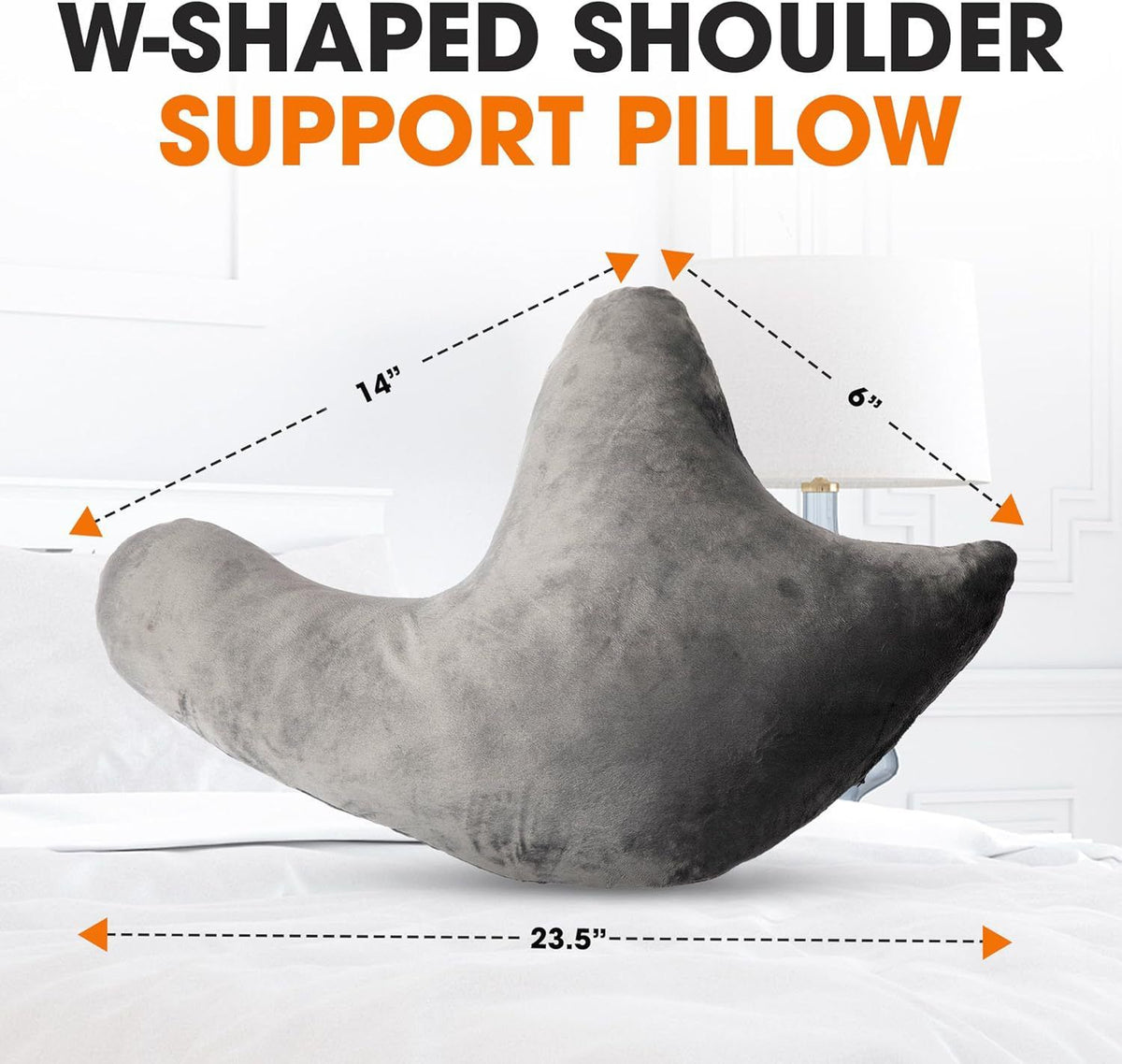 Grey W-Shaped Shoulder Support Double Zipper Pillow - 23.5 x 14 x 6" Soft Arm Support Cushion with Removable Cover for Side Sleeping, In Car, Sitting and Discomfort Easing