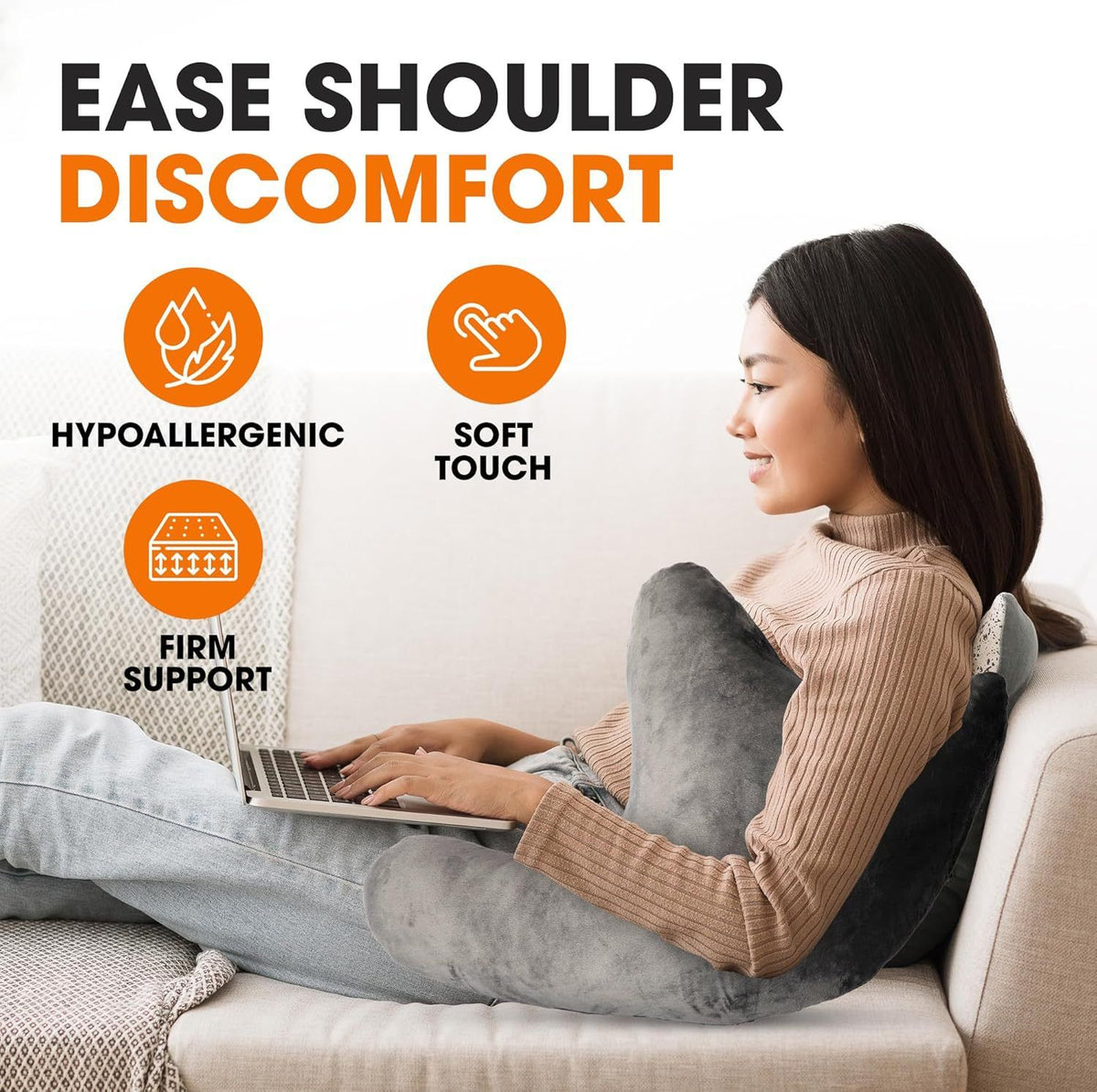 Grey W-Shaped Shoulder Support Double Zipper Pillow - 23.5 x 14 x 6" Soft Arm Support Cushion with Removable Cover for Side Sleeping, In Car, Sitting and Discomfort Easing