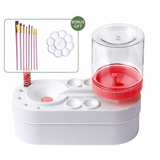 Pink Automatic Water-Colour Paintbrush Cleaner Set - Green 2-in-1 Station with Self-Cleaning Water Dispenser - Includes 8 Brushes & Flower Palette - Mess-Free Art Accessory