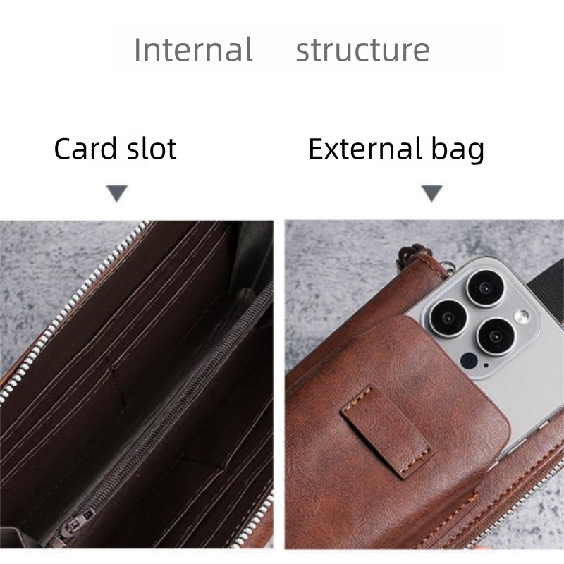 Brown Retro Leather 2-in-1 Men's Wallet & Phone  storage pouch - Multi-Card Zipper Clutch with Front Pocket - Vintage Business Pocket for Phone & Cards