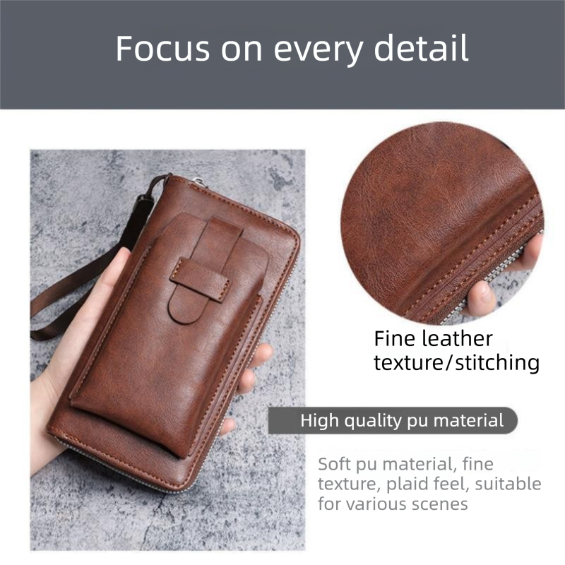 Brown Retro Leather 2-in-1 Men's Wallet & Phone  storage pouch - Multi-Card Zipper Clutch with Front Pocket - Vintage Business Pocket for Phone & Cards