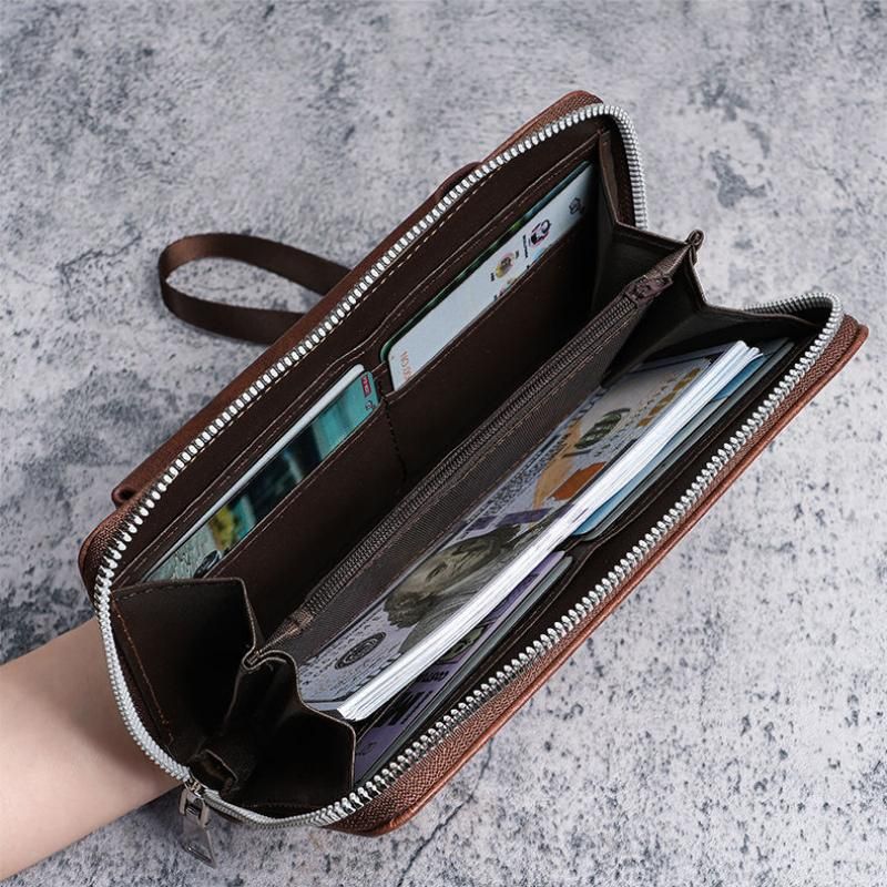 Brown Retro Leather 2-in-1 Men's Wallet & Phone  storage pouch - Multi-Card Zipper Clutch with Front Pocket - Vintage Business Pocket for Phone & Cards