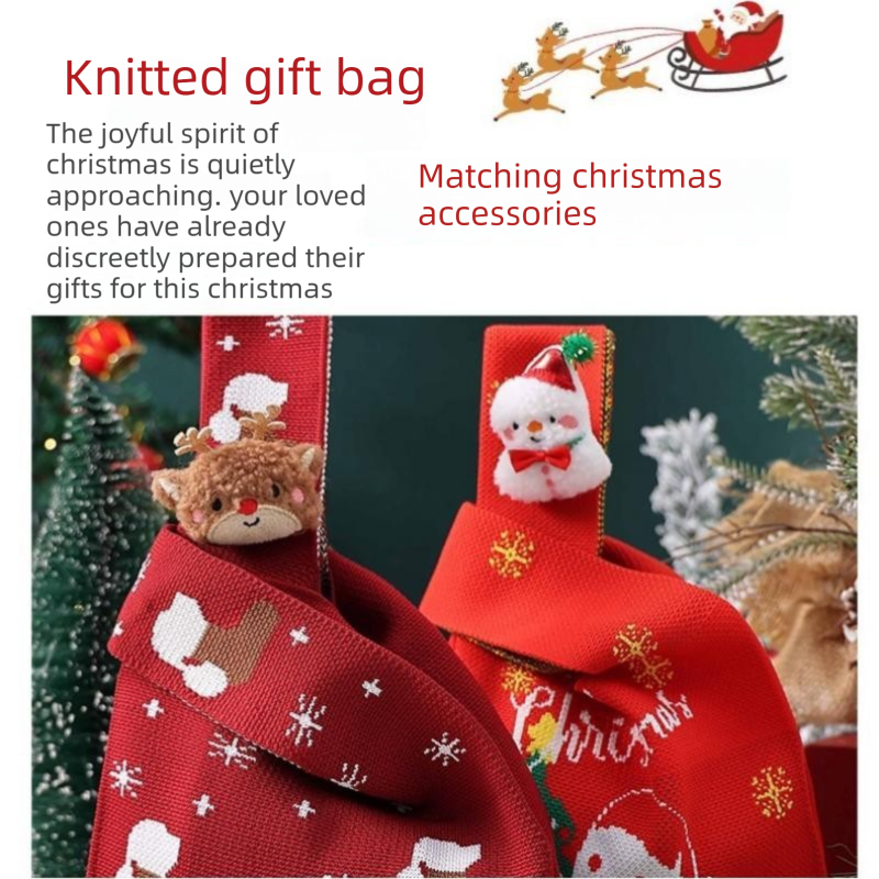 Red Christmas Knitted Gift Bag - Festive Reusable Tote with Cute Deer shape Plush Charm - Holiday Party Favor & Apple Wrapper for Xmas Decor