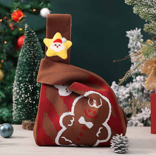 Brown Christmas Knitted Gift Bag - Festive Reusable Tote with Cute Star shape Plush Charm - Holiday Party Favor & Apple Wrapper for Xmas Decor