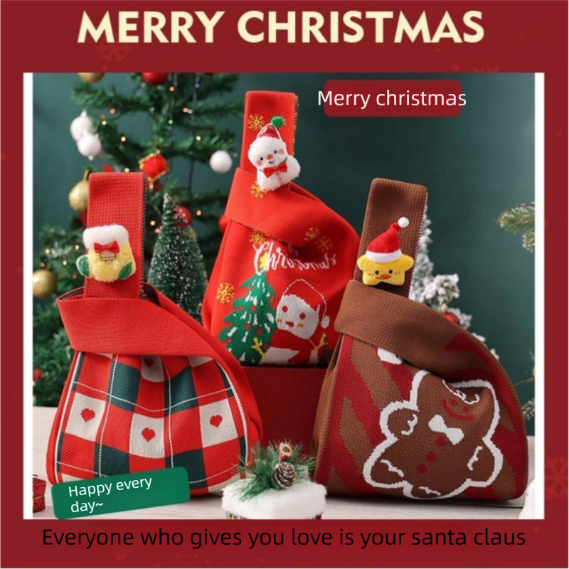Red Christmas Knitted Gift Bag - Festive Reusable Tote with Cute Snowman shape Plush Charm - Holiday Party Favor & Apple Wrapper for Xmas Decor