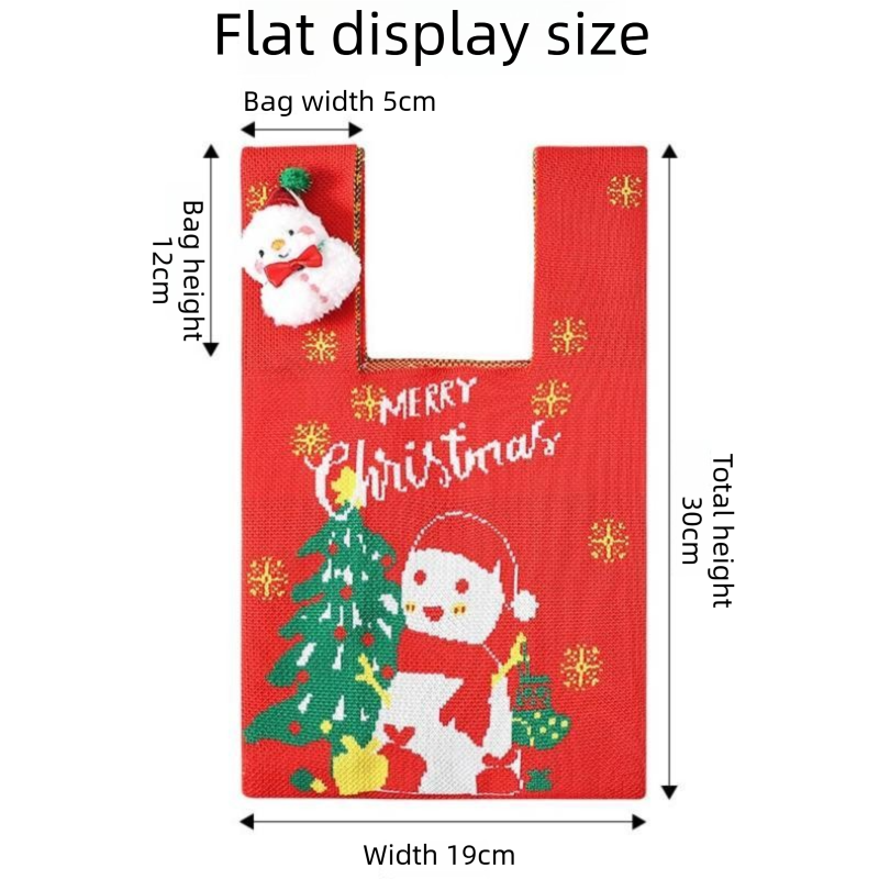 Red Christmas Knitted Gift Bag - Festive Reusable Tote with Cute Snowman shape Plush Charm - Holiday Party Favor & Apple Wrapper for Xmas Decor