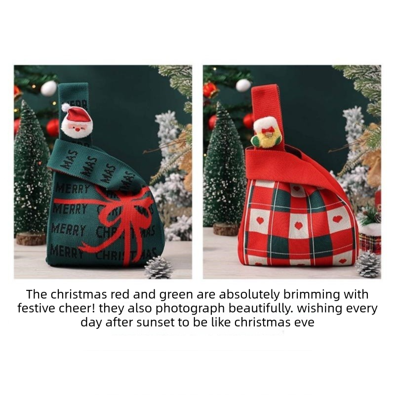 Red Christmas Knitted Gift Bag - Festive Reusable Tote with Cute Snowman shape Plush Charm - Holiday Party Favor & Apple Wrapper for Xmas Decor