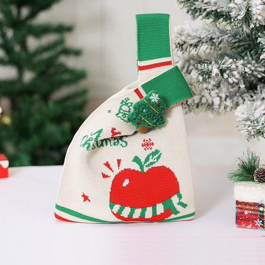 Beige Christmas Knitted Gift Bag - Festive Reusable Tote with Cute Christmas tree shape Plush Charm - Holiday Party Favor & Apple Wrapper for Xmas Decor