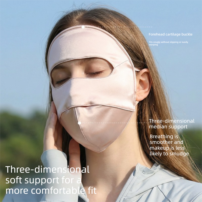 Pink Luxurious Mulberry Silk Sun Protection Face Mask - Full Coverage Cooling Shield with Soft Wire Support