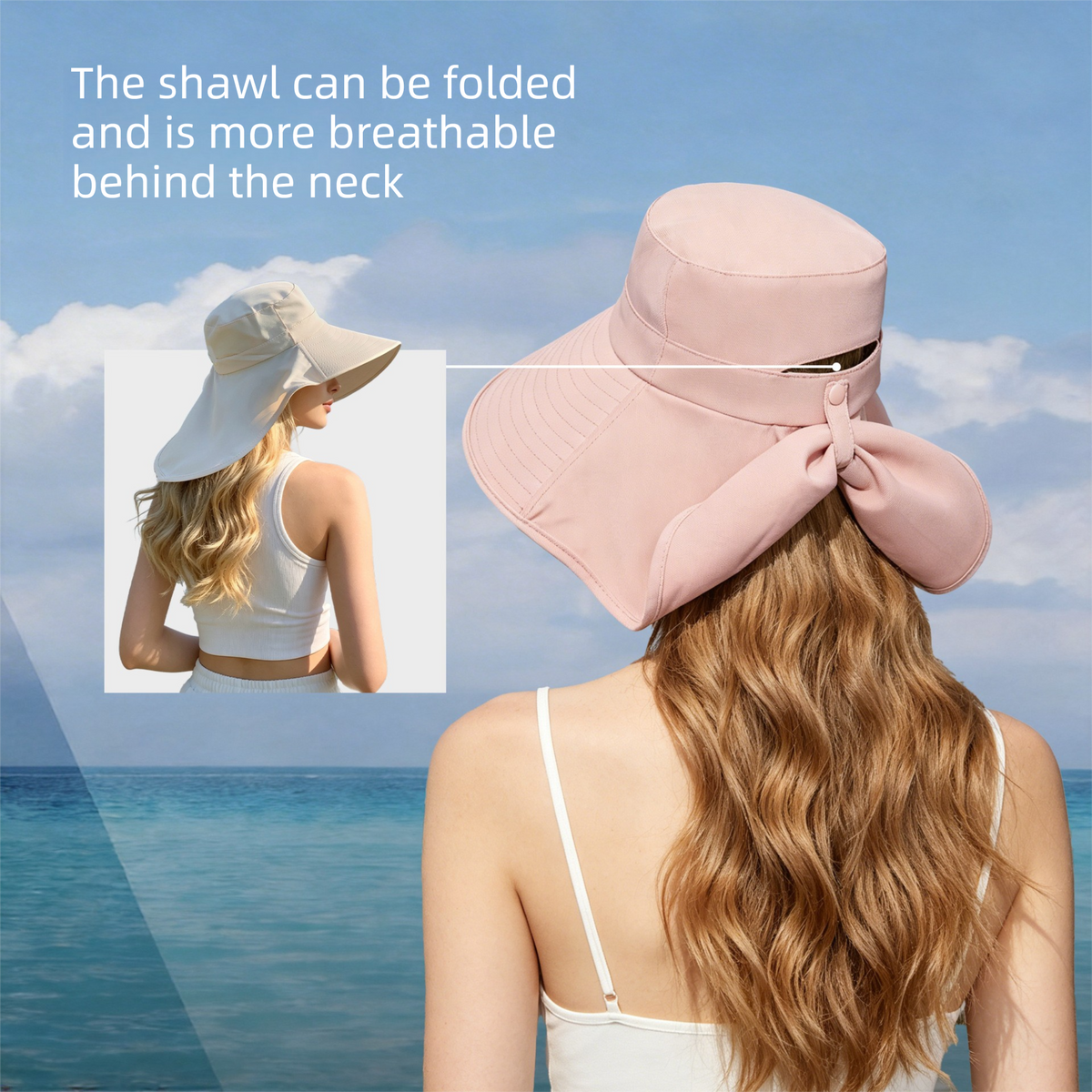 Black Women's Wide Brim Sun Hat with Neck Flap - Foldable Outdoor Shade Hat with Adjustable Chin Cord, Extended Neck Cover for Beach, Cycling and Travel