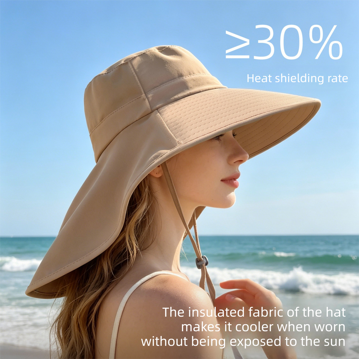 Black Women's Wide Brim Sun Hat with Neck Flap - Foldable Outdoor Shade Hat with Adjustable Chin Cord, Extended Neck Cover for Beach, Cycling and Travel