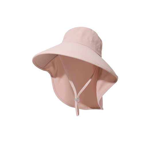 Pink Women's Wide Brim Sun Hat with Neck Flap - Foldable Outdoor Shade Hat with Adjustable Chin Cord, Extended Neck Cover for Beach, Cycling and Travel