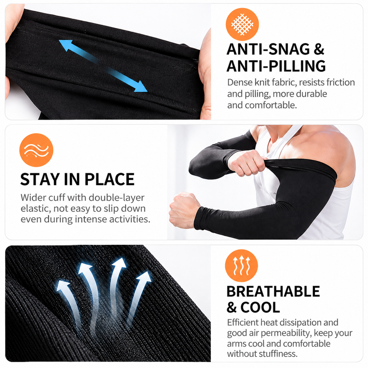 2 Pair Cooling Arm Sleeves with Thumb Hole - Gray 38-40cm Breathable Stretch Sun Sleeves for Cycling, Running, Hiking, Fishing, Driving and Outdoor Activities