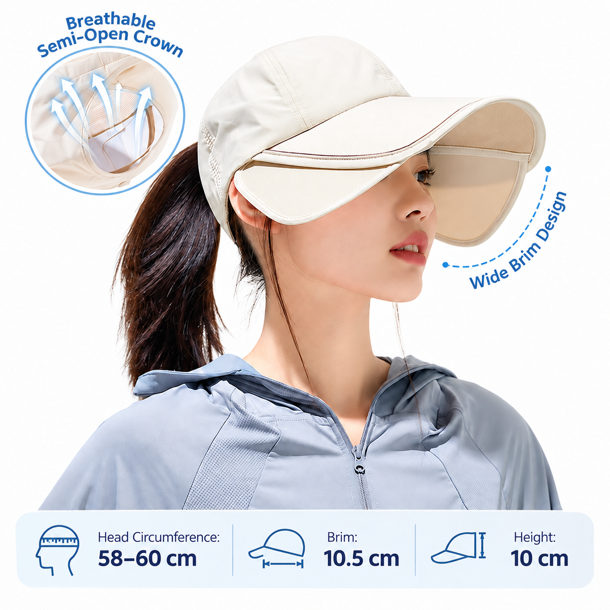 Women's Wide Brim Sun Cap - Blue 58-60cm Adjustable Outdoor Sports Hat with 10.5cm Brim, Side Face Panels and Breathable Semi Open Crown for Golf, Walking and Travel