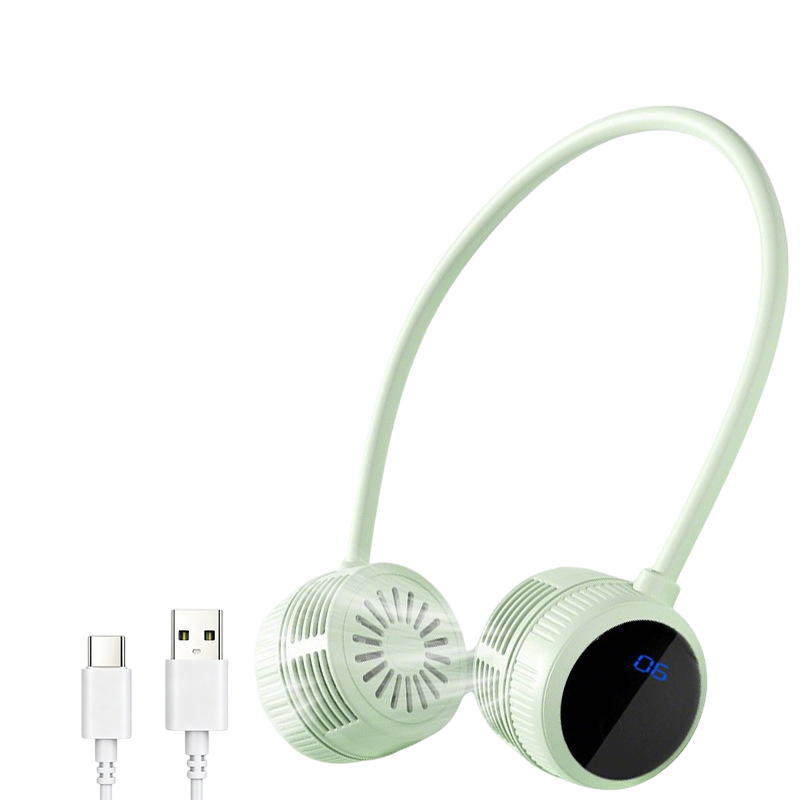 Green Portable Neck Fan with LCD Display - 6 Speed Dual Head Wearable Fan with Flexible 360 Degree Airflow, USB-C Charging Battery for Travel and Outdoor Use