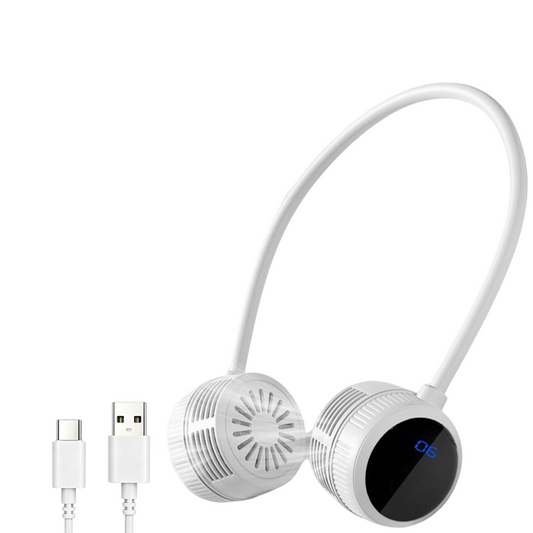 White Portable Neck Fan with LCD Display - 6 Speed Dual Head Wearable Fan with Flexible 360 Degree Airflow, USB-C Charging Battery for Travel and Outdoor Use