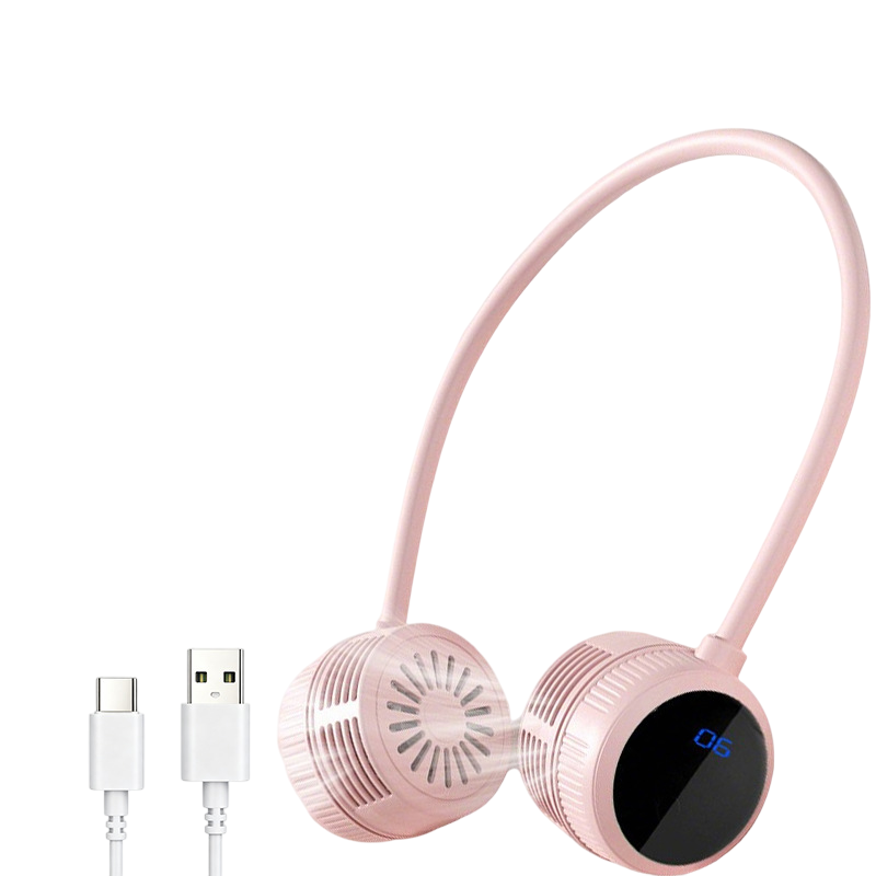 Pink Portable Neck Fan with LCD Display - 6 Speed Dual Head Wearable Fan with Flexible 360 Degree Airflow, USB-C Charging Battery for Travel and Outdoor Use