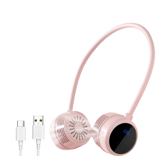 Pink Portable Neck Fan with LCD Display - 6 Speed Dual Head Wearable Fan with Flexible 360 Degree Airflow, USB-C Charging Battery for Travel and Outdoor Use