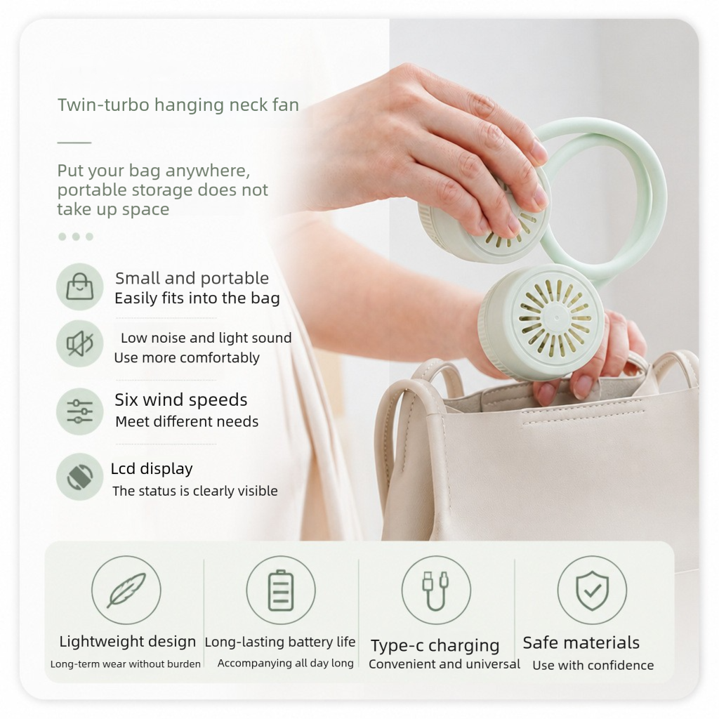 Pink Portable Neck Fan with LCD Display - 6 Speed Dual Head Wearable Fan with Flexible 360 Degree Airflow, USB-C Charging Battery for Travel and Outdoor Use