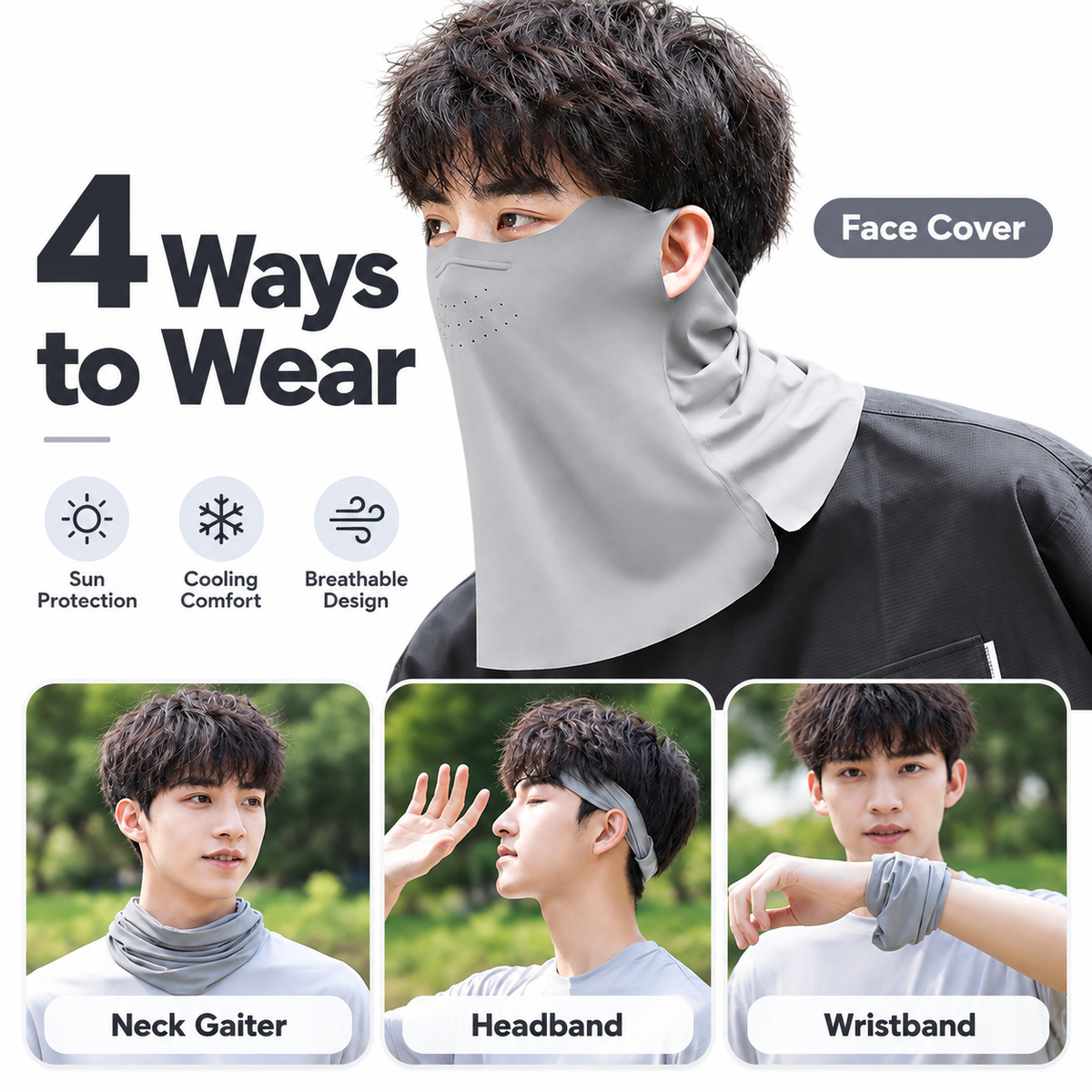 Black Breathable Sun Face Cover with Neck Drape - Lightweight Outdoor Face Mask with Ear Loops, Nose Bridge Strip and Vent Holes for Cycling, Fishing and Hiking
