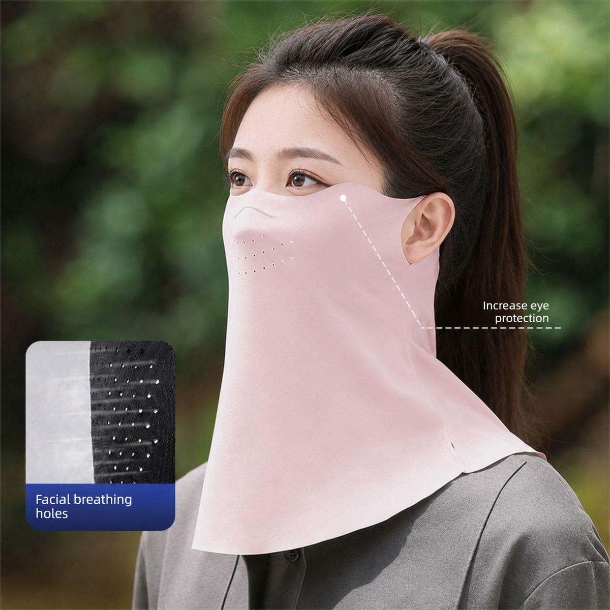 Dark Gray Breathable Sun Face Cover with Neck Drape - Lightweight Outdoor Face Mask with Ear Loops, Nose Bridge Strip and Vent Holes for Cycling, Fishing and Hiking