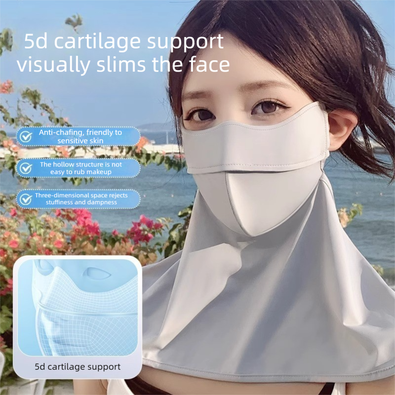 Light Gray Women’s Extended Sun Face Cover with Neck Drape - Breathable Outdoor Mask with Adjustable Ear Loops, Nose Vent and Structured Face Support for Cycling, Driving and Fishing