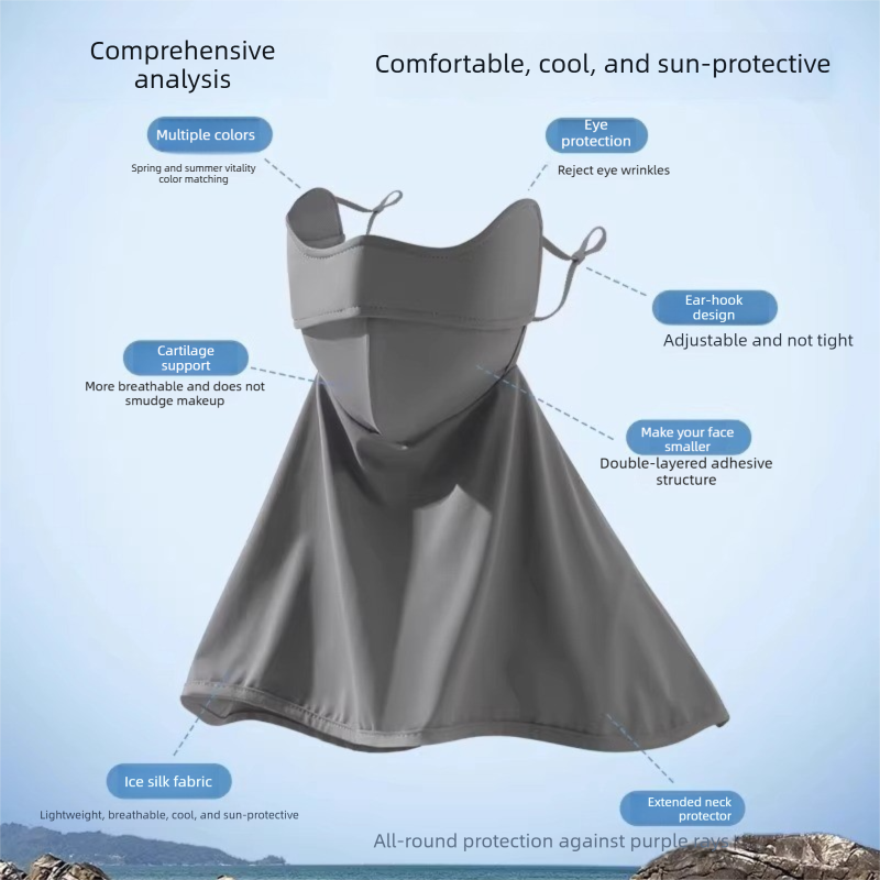Dark Gray Women’s Extended Sun Face Cover with Neck Drape - Breathable Outdoor Mask with Adjustable Ear Loops, Nose Vent and Structured Face Support for Cycling, Driving and Fishing
